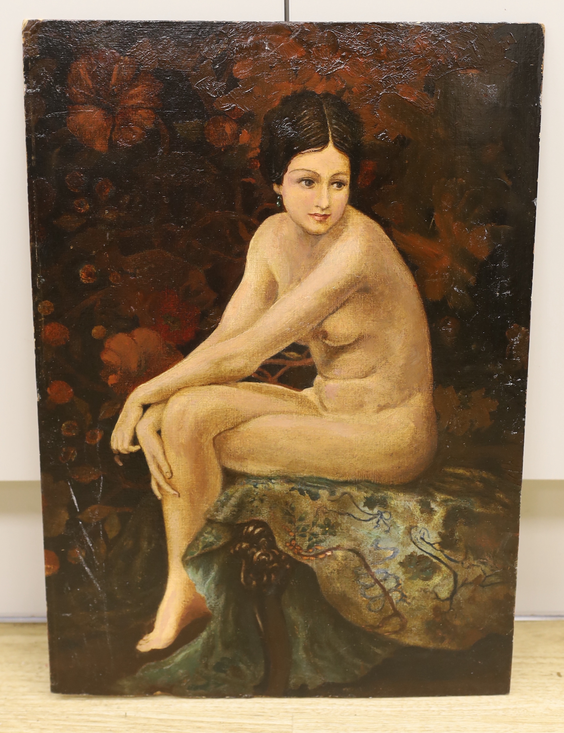 English School c.1910, oil on canvas board, Interior with seated nude, 50 x 35cm, unframed